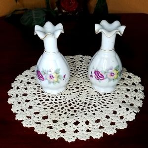 ⚜️🌺 Pair of Vintage Porcelain Hand Painted Floral Vases, Perfume Bottles